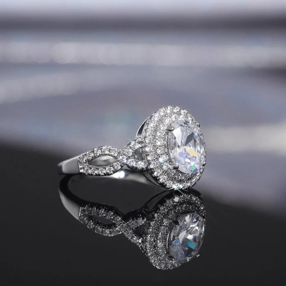 😍14K WHITE GOLD DOUBLE LAYER💫CRYSTAL OVAL WEDDING LUXURY RING GIRL TEEN, K900